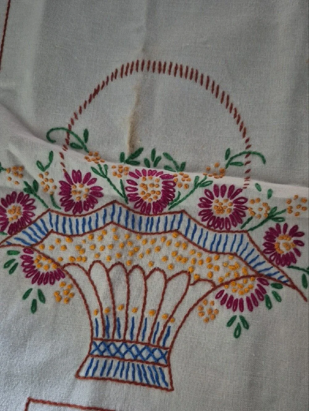 Embroidered Floral Basket Table Runner - White with Purple & Yellow